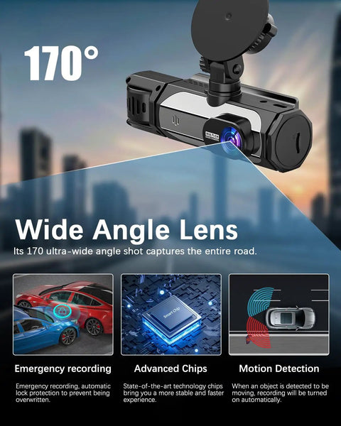 3 Channel Dash Cam For Cars Front Cabin And Rear Cameras With 1080P Resolution, showcasing 170-degree wide angle lens feature.