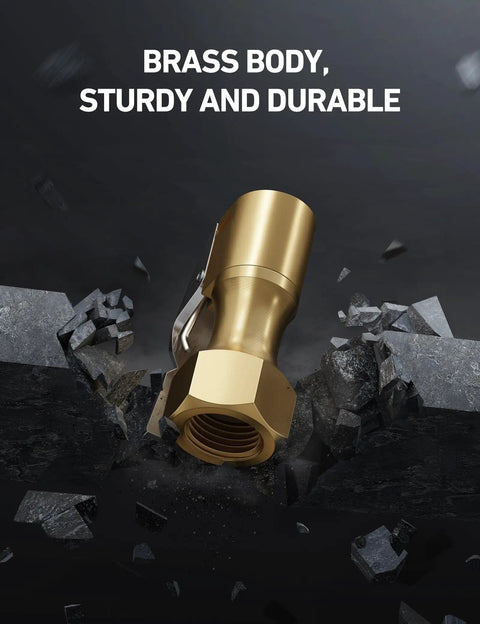 Heavy Duty Lock On Air Chuck 2 Pack With Clip For Schrader Valves, Closed Flow Design, Brass Construction displayed on cracked surface