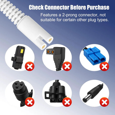 Replacement Charger Cord For Cordless Water Flosser WP360 WP450 WP462 And WP400 Series showing 2-prong connector compatibility
