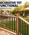 29.5 Inch Metal Deck Balusters 50 Pack Flat Spindles For Deck And Stair Railing Fits Composite Or Metal Rails Aluminum Balusters With Iron Black Look Heavy Duty Spindles With Screws Included on a wooden deck against a sunny backyard with family and dog playing
