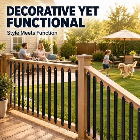 29.5 Inch Metal Deck Balusters 50 Pack Flat Spindles For Deck And Stair Railing Fits Composite Or Metal Rails Aluminum Balusters With Iron Black Look Heavy Duty Spindles With Screws Included on a wooden deck against a sunny backyard with family and dog playing