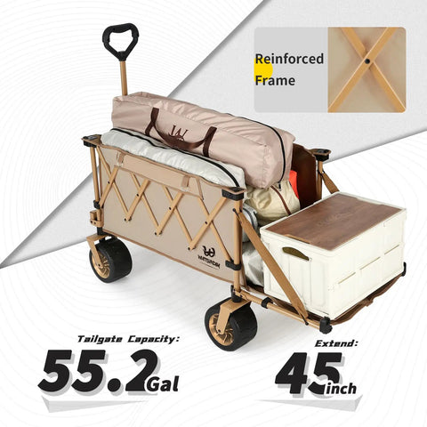 Heavy Duty Collapsible Folding Wagon With Integrated Aluminum Table All Terrain Beach Cart With Open Tailgate Durable Khaki