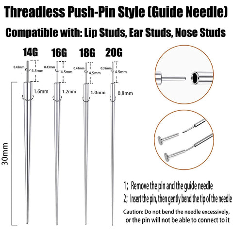 Diagram showing threadless push-pin needles for 14G, 16G, 18G, 20G with detailed dimensions for lip, ear, nose studs.