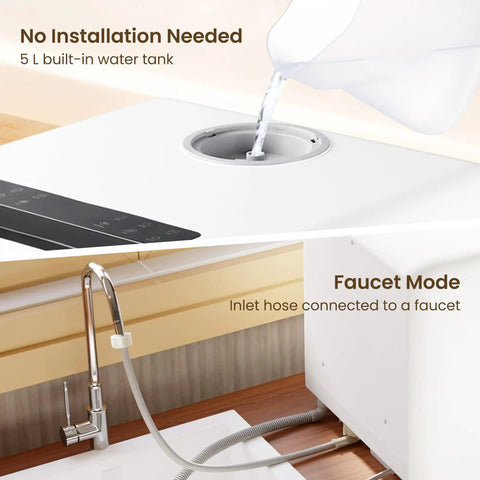 No Plumbing Headache Game Changer Countertop Dishwasher With Eight Knockout Clean Cycles, Slick Auto Dry Option, Timed Delay Feature, Child Proof Lock, And Compact Build Designed For Small Kitchens, Dorms, Rvs And Apartment Living showing water tank fill and faucet connection.