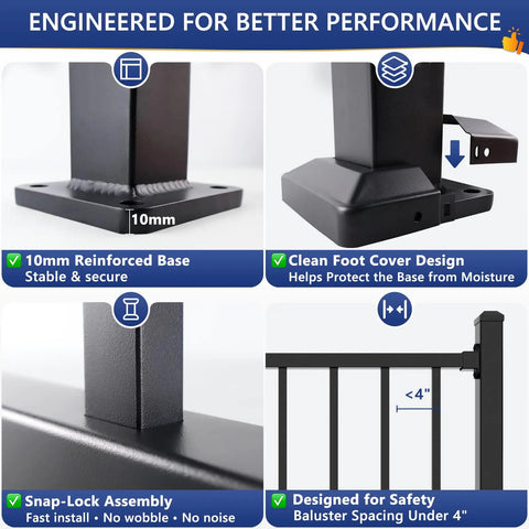Heavy Duty Modular Deck Railing System 36 Inches High By 6 Feet Long Solid 6063 Aluminum Rails close-up of 10mm reinforced base and clean foot cover design.