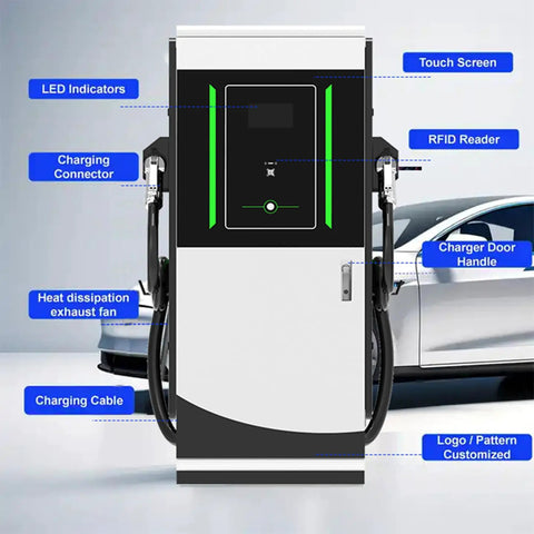 Heavy Duty Commercial DC EV Charger With Lightning Fast Charging And Plug And Play Setup For Fleets Highway Stops built tough with touch screen and charging connector.