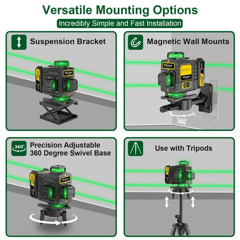 360 Degree Pro Grade Green Laser Level With Tripod And Pulse Mode Self Leveling 4D 16 Line Beam 360 Rotating Window Shield Includes Two 4800mAh Batteries on tripod and wall mounts