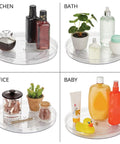 Slick Rotating Lazy Susan Turntable Spinner Fully Swiveling 11.5 Inch Clear Plastic Round Organizer in kitchen, bath, office, and baby settings.