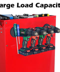 Heavy Duty Magnetic Power Tool Rack And Organizer For Garage Or Workshop With Four Slot Drill Holder mounted on red tool shelf