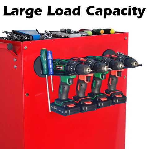 Heavy Duty Magnetic Power Tool Rack And Organizer For Garage Or Workshop With Four Slot Drill Holder mounted on red tool shelf