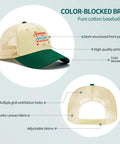 Lightweight Womens Sports Trucker Cap With Low Profile Front And Airy Mesh Ventilation Eyelets Sweat Wicking Band For All Day Comfort Great For Running Hiking Golf Or Outdoor Activities Low Fuss Chill Look, showing beige cap with green brim and embroidery.