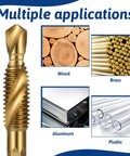 All In One Drill And Tap Bit Set For Metal And Aluminum, Do It All Combo with M3-M10 sizes shown with wood, brass, aluminum, plastic