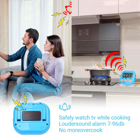 Digital Kitchen Timer Set With 12 Pack Magnetic Timers In 6 Bright Colors displayed near a cooking pot on stove with loud alarm
