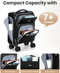 Sydioor 16-inch black softside underseat luggage with wheels; front view with multiple pockets