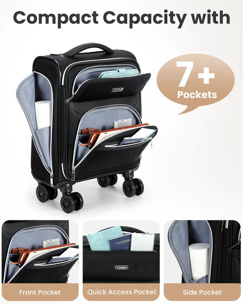 Sydioor 16-inch black softside underseat luggage with wheels; front view with multiple pockets
