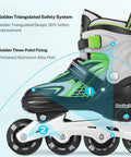 Adjustable Inline Skates For Kids And Teens With Light Up Wheels, 3 Sizes S M L, featuring safety system details in green.