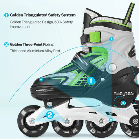 Adjustable Inline Skates For Kids And Teens With Light Up Wheels, 3 Sizes S M L, featuring safety system details in green.