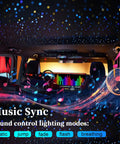 Car interior with Lit Car Starlight Headliner Kit With 16W RGBW Light Engine, music sync feature and colored lighting effects.