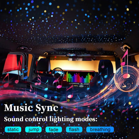 Car interior with Lit Car Starlight Headliner Kit With 16W RGBW Light Engine, music sync feature and colored lighting effects.