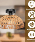 12.2 Inch Rattan Ceiling Light Fixtures Set Of 2, Rustic Woven Basket Design, E26 Base, Features Dimmable Lighting and Easy Assembly