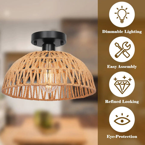 12.2 Inch Rattan Ceiling Light Fixtures Set Of 2, Rustic Woven Basket Design, E26 Base, Features Dimmable Lighting and Easy Assembly