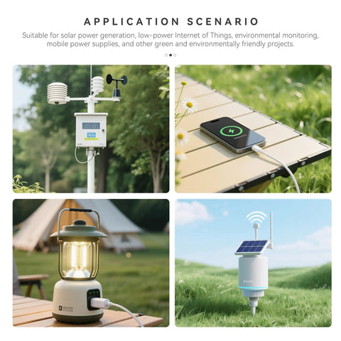 MPPT Solar Charging Controller for 5 to 24V Panels with USB C Fast Charge applications, featuring environmental setups.