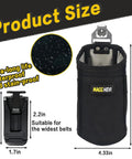 Durable Nail And Screw Pouch With Belt Clip For Electricians Carpenters Mechanics And Handymen Pro Grade Tools Organizer Bag With Snap Spring Closure To Keep Fasteners Secure And Easily Accessible On The Job, shown with measurements and black material.