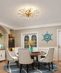 Vintage K9 Clear Crystal Chandeliers Gold Finish Five Light Ceiling Pendant Lighting Fixture in a classic dining room setting