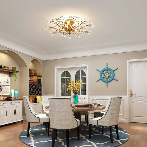 Vintage K9 Clear Crystal Chandeliers Gold Finish Five Light Ceiling Pendant Lighting Fixture in a classic dining room setting