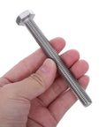 Hand holding a M10x10mm Stainless Steel Hex Bolt Nuts Washer Set With Full Thread Lock Nuts And Flat Washers, Corrosion Resistant Fastener Kit For Indoor Repair Projects, Heavy Duty Hardware To Tackle Vibration And Loosening.