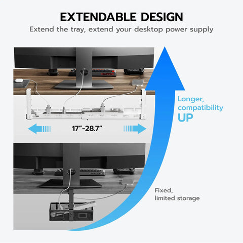 Extendable Under Desk Cable Management Tray With Clamp On Cord Organizer for Office and Gaming Setups, white metal extended
