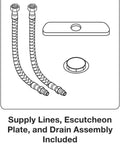 Diagram of supply lines, escutcheon plate, and drain assembly for Alteo Single Handle Bathroom Sink Faucet For Single Hole Or Centerset Install, Includes Metal Drain, Polished Chrome Finish, Leak Free Ceramic Disc Valve, 1.2 GPM At 60 PSI, Sleek Durable Easy To Install.