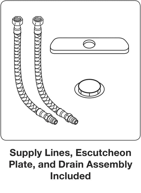Diagram of supply lines, escutcheon plate, and drain assembly for Alteo Single Handle Bathroom Sink Faucet For Single Hole Or Centerset Install, Includes Metal Drain, Polished Chrome Finish, Leak Free Ceramic Disc Valve, 1.2 GPM At 60 PSI, Sleek Durable Easy To Install.