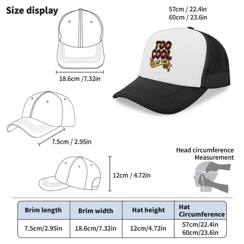 Size chart and image of Breathable Mesh Trucker Cap For Men And Boys, Adjustable Back Buckle, Lightweight All Day Comfort, Dope Everyday Hat