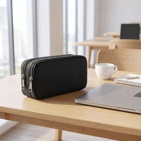 Massive Capacity Pencil Case With Dual Compartments And Zipper on desk, water-resistant nylon, holds up to 70 pens or pencils.