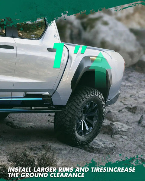 Truck with 1 Inch Front Leveling Lift Kit For Ford F 250 F 350 Super Duty 1999 2018 Black showing elevated clearance on rough terrain.