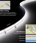 COB LED Strip Light 20ft Long 6000K White Ultra Bright 3087 LEDs CRI90 Plus DC24V with Cutting and Adhesive Details
