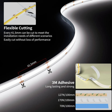 COB LED Strip Light 20ft Long 6000K White Ultra Bright 3087 LEDs CRI90 Plus DC24V with Cutting and Adhesive Details