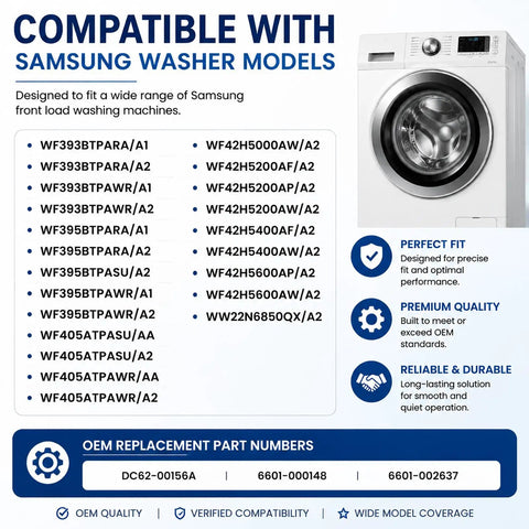 Heavy Duty Washing Machine Tub Bearing And Seal Rebuild Kit For Samsung Front Loaders compatibility chart with model numbers.