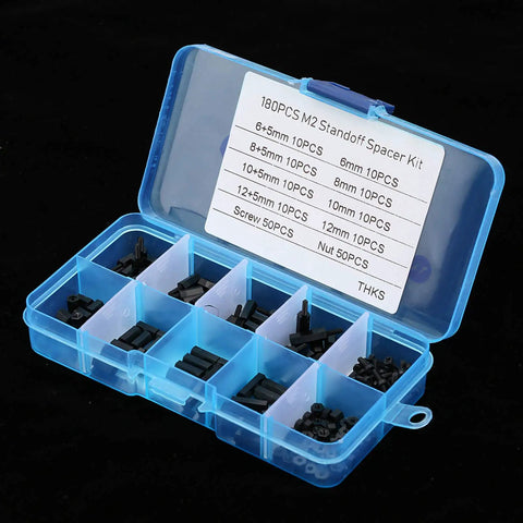 Nylon Hex Spacer Standoff Kit 180 Piece Black Standoffs Screws Nuts Set For Circuit Boards And Machinery Assembly Durable Nylon With Precise Threads Easy To Clean In Humid Environments, open organizer case with M2 nylon spacers