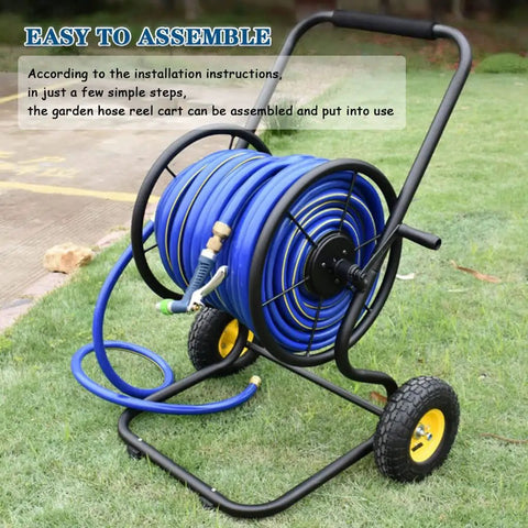 Heavy Duty Garden Hose Reel Cart With Smooth Rolling Wheels, ergonomic design, blue hose, assembled on grass, easy to use.