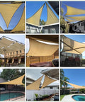 Multiple views of Sun Shade Sail Sand Yellow Rectangle 12Ft By 15Ft Permeable Garden Canopy for outdoor patio, backyard, and deck use.