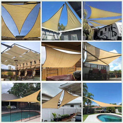 Multiple views of Sun Shade Sail Sand Yellow Rectangle 12Ft By 15Ft Permeable Garden Canopy for outdoor patio, backyard, and deck use.