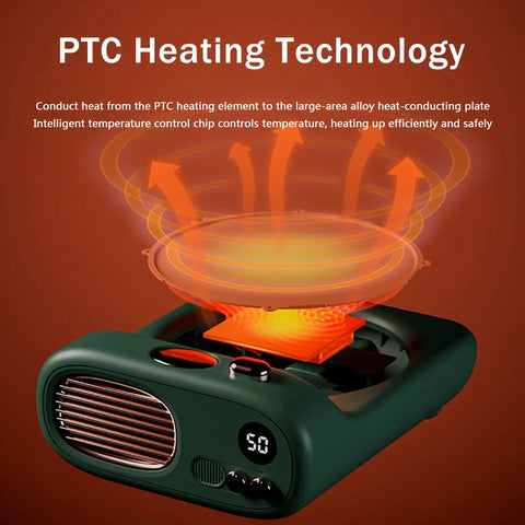 Keep Your Favorite Brew Piping Hot Desk Mug Warmer With Three Cozy Heat Levels And Gentle Glow Indicator For Home Office Coffee Cup Beverage Heater Continuously Locking In Ideal Sipping Temperatures Evergreen showing PTC heating technology and control display.