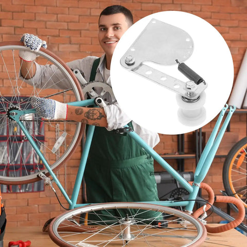 Upgrade Your Ride With This 49cc Spring Loaded Chain Tensioner Kit. Features Smooth Wire Gear Adjuster And Roller For Instant Easy Install. Perfect For Motorized Bikes To Keep Chain Tight, Prevent Slippage, And Boost Drive Performance For Stable. Silver spring-loaded chain tensioner on a motorized bike