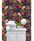 Custom Printed Colorful Blue Floral Vinyl Wallcovering Featuring Subtle Leather Texture Paste Apply Built Tough Commercial Grade Decor Roll For Offices Hotels And Restaurant Spaces Certified Favorite with white towels and mirror.