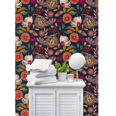 Custom Printed Colorful Blue Floral Vinyl Wallcovering Featuring Subtle Leather Texture Paste Apply Built Tough Commercial Grade Decor Roll For Offices Hotels And Restaurant Spaces Certified Favorite with white towels and mirror.