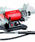 Shop Ready Double Wheel Bench Grinder With Adjustable Spark Arresters and Heavy Duty Tool Rests on a black base with a red housing.