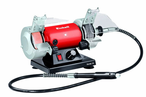 Shop Ready Double Wheel Bench Grinder With Adjustable Spark Arresters and Heavy Duty Tool Rests on a black base with a red housing.