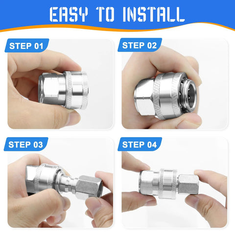 3/8-inch stainless steel pressure washer quick-connect fittings, 4-pack with male and female threads, installation steps collage